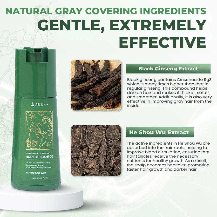 Abera Hair Dye Shampoo, Black Hair Color for Grey Hair Coverage for Women and Men, One-wash Hair Blackening Treatment with Natural Dark Color (6.76 Fl. Oz.)